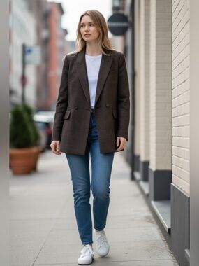 H&M Brown Plaid Double-Breasted Blazer